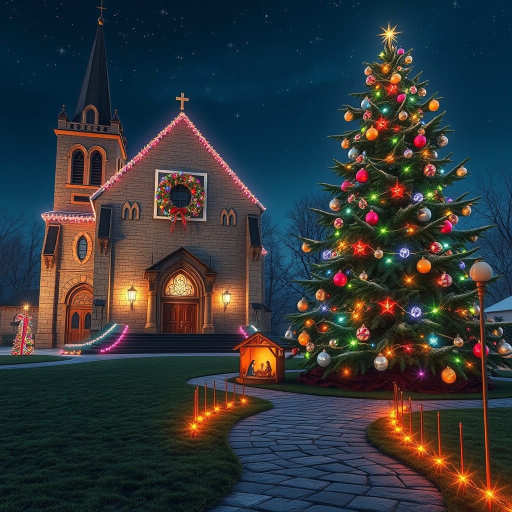 Christmas Church Scene in Vibrant Holiday Style
