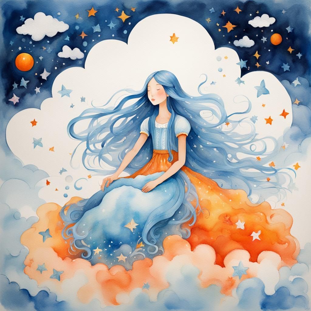 Sleeping Princess with Blue Hair: Watercolor Art