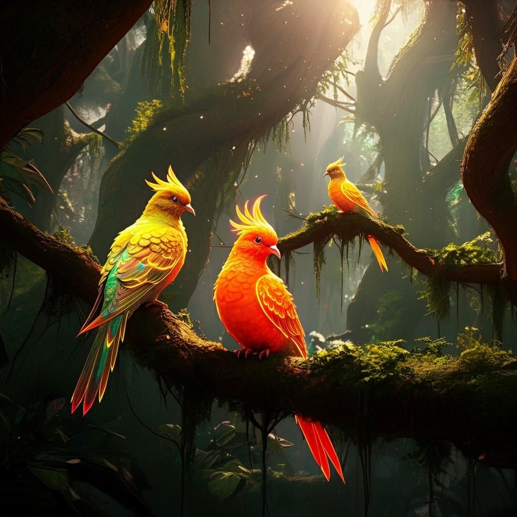 Iridescent Birds in a Lush Fantasy Forest