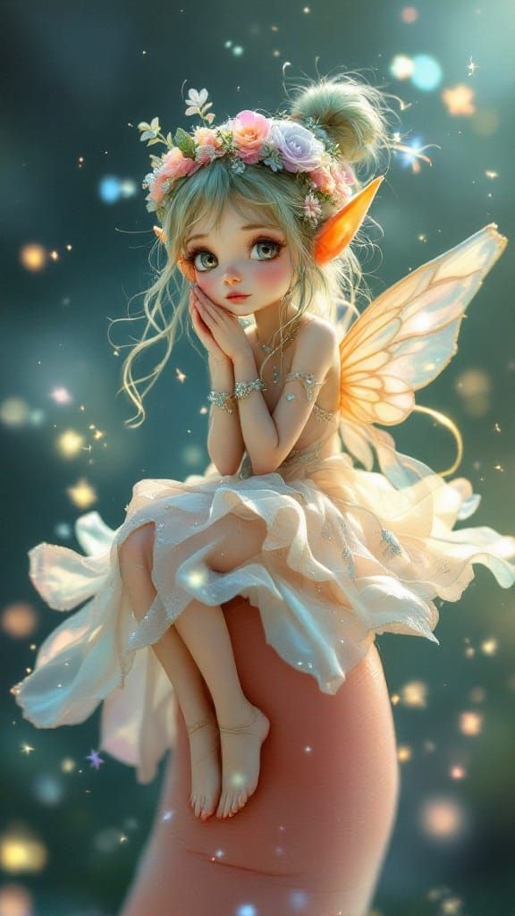Whimsical Elf Girl Sits on a Thumb, Surrounded by Soft Light...
