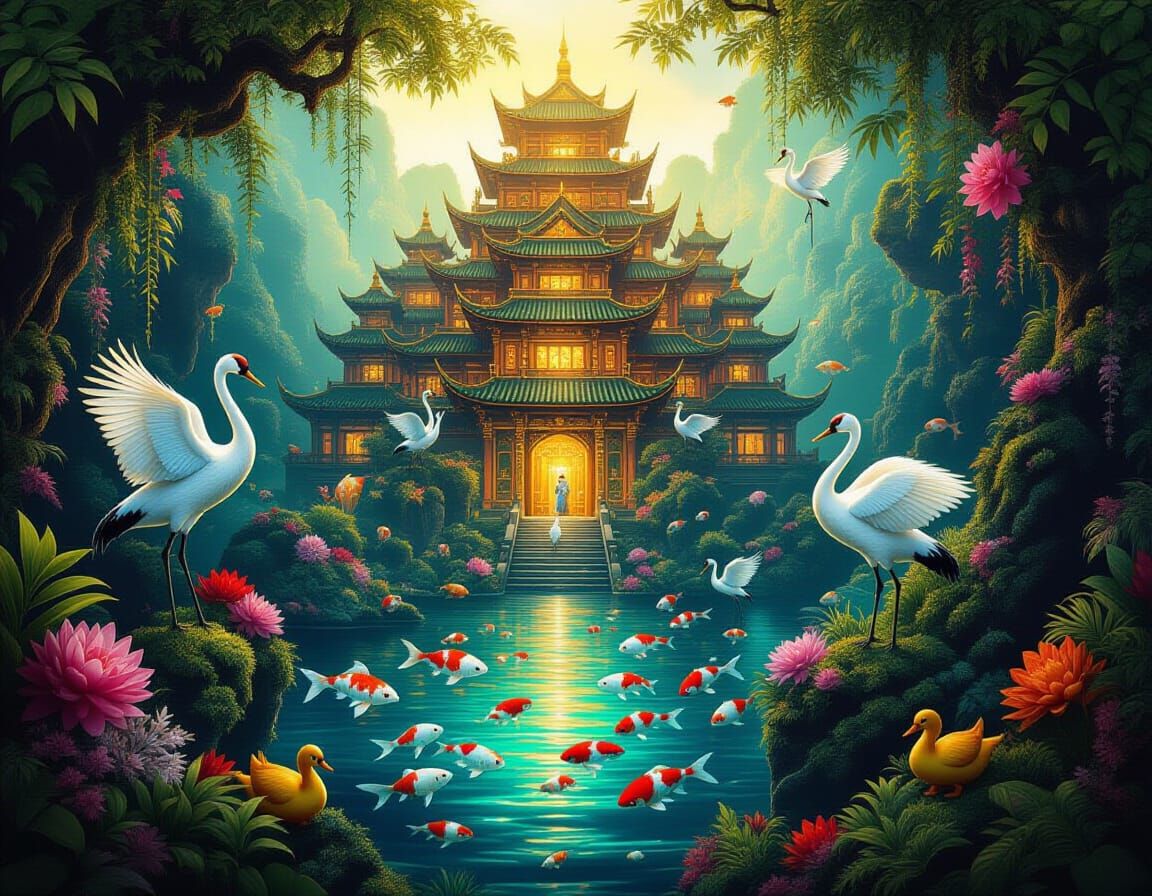 Jungle City Reclaimed by Nature, Glowing with Ancient Light