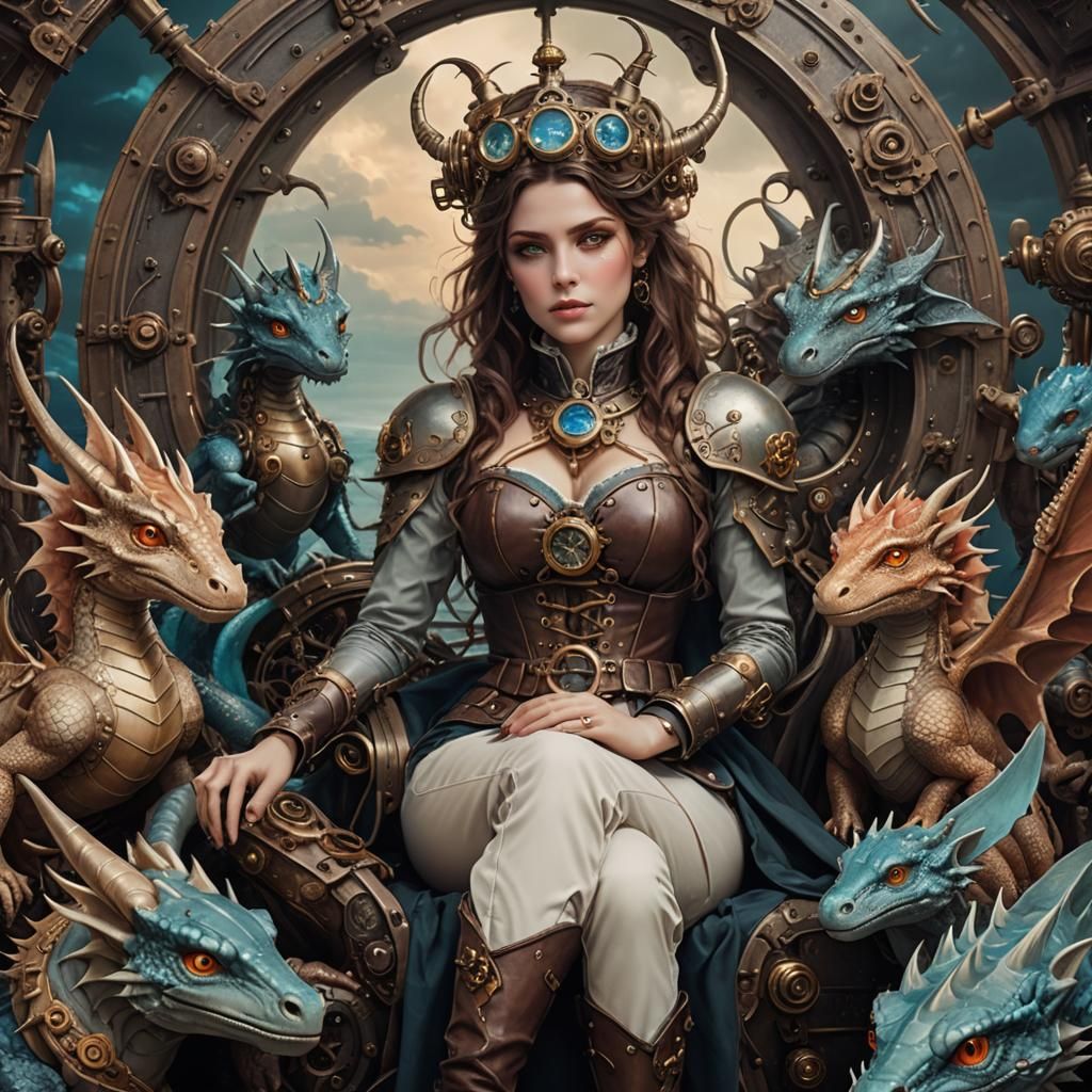 Steampunk Woman on Neptune with Dragons