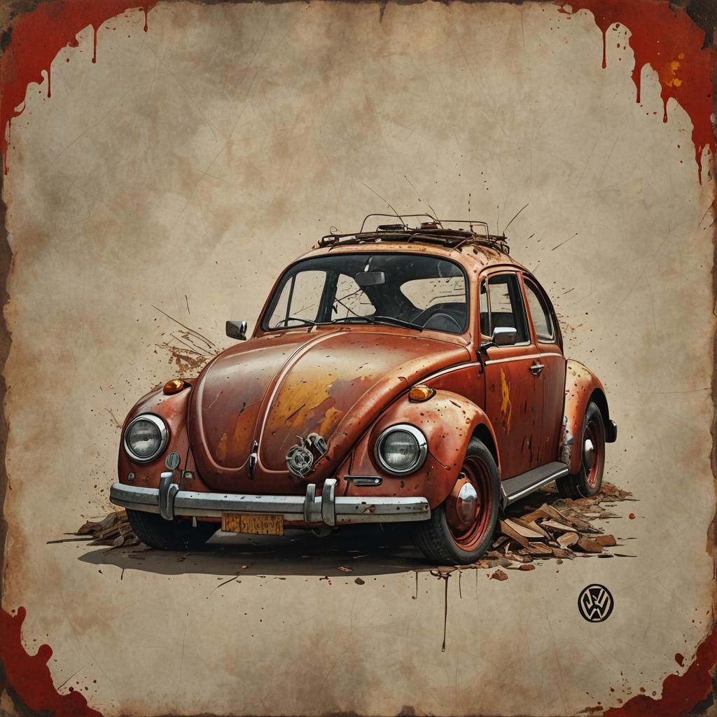 VW Beetle Vintage Poster in Rustic Style