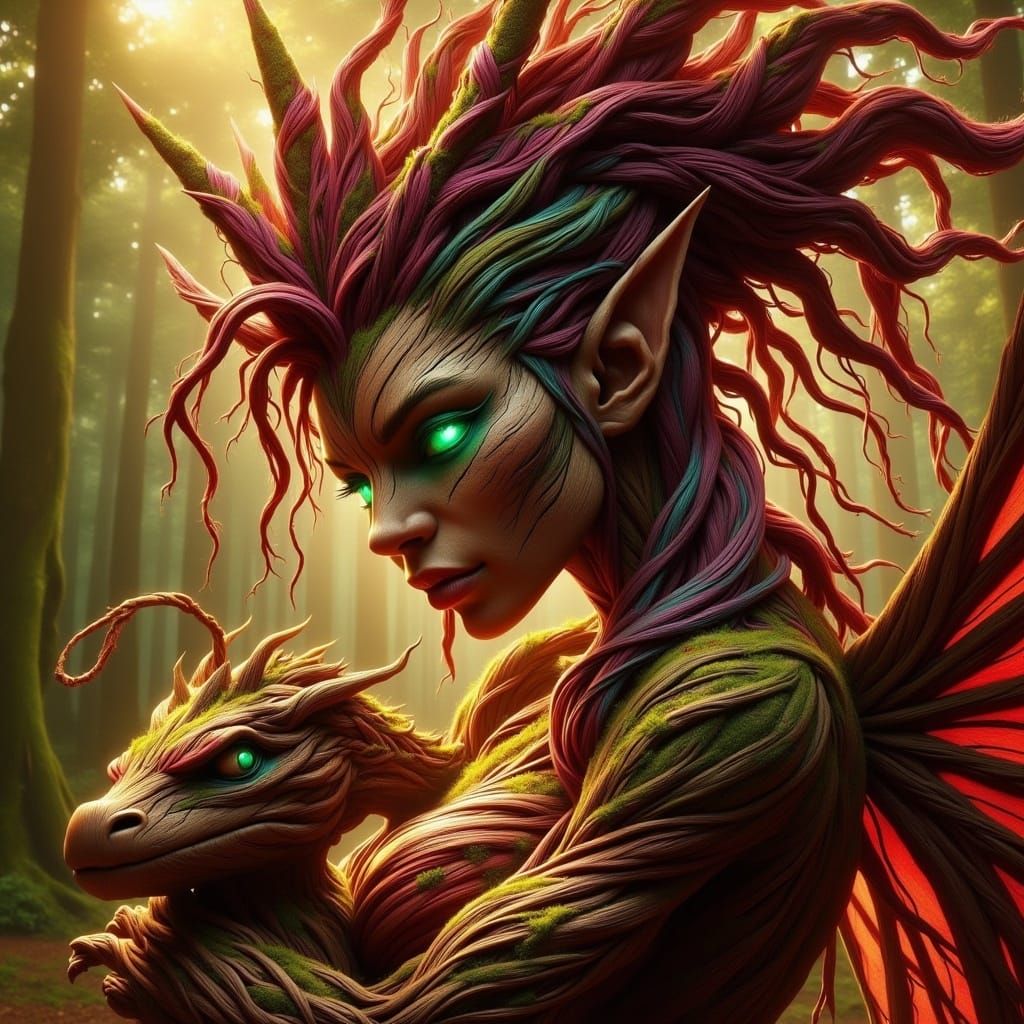 <lora:-Entimals-:1.0> Vibrant portrait. Close-up. A pixie with windswept neon hair in dreadlocks with tendrils, holding ...