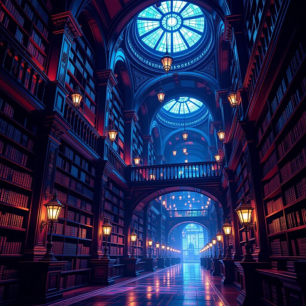 Enchanted Floating Library with Glowing Runes