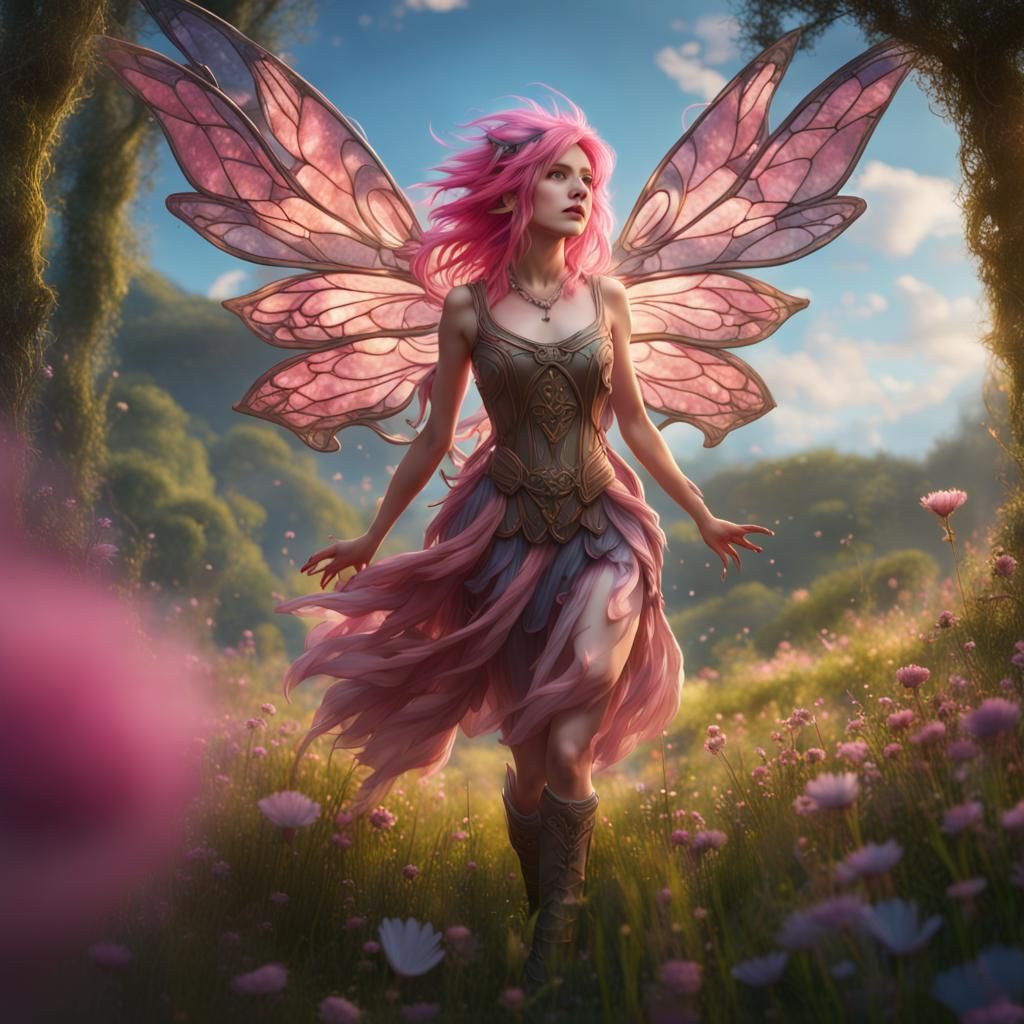 Pink-Haired Fairy with Stained Glass Wings