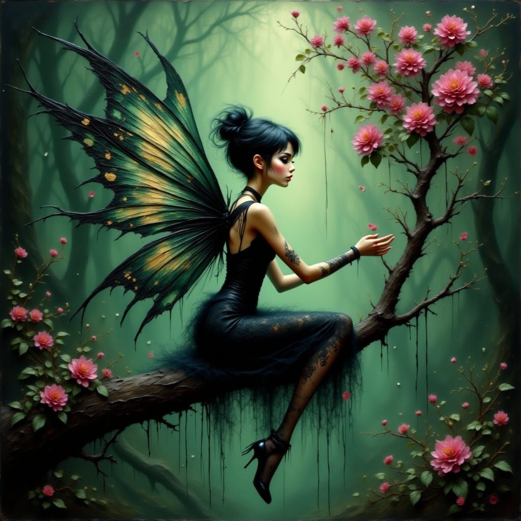 Ethereal Fairy Perches on Dark Forest Branch