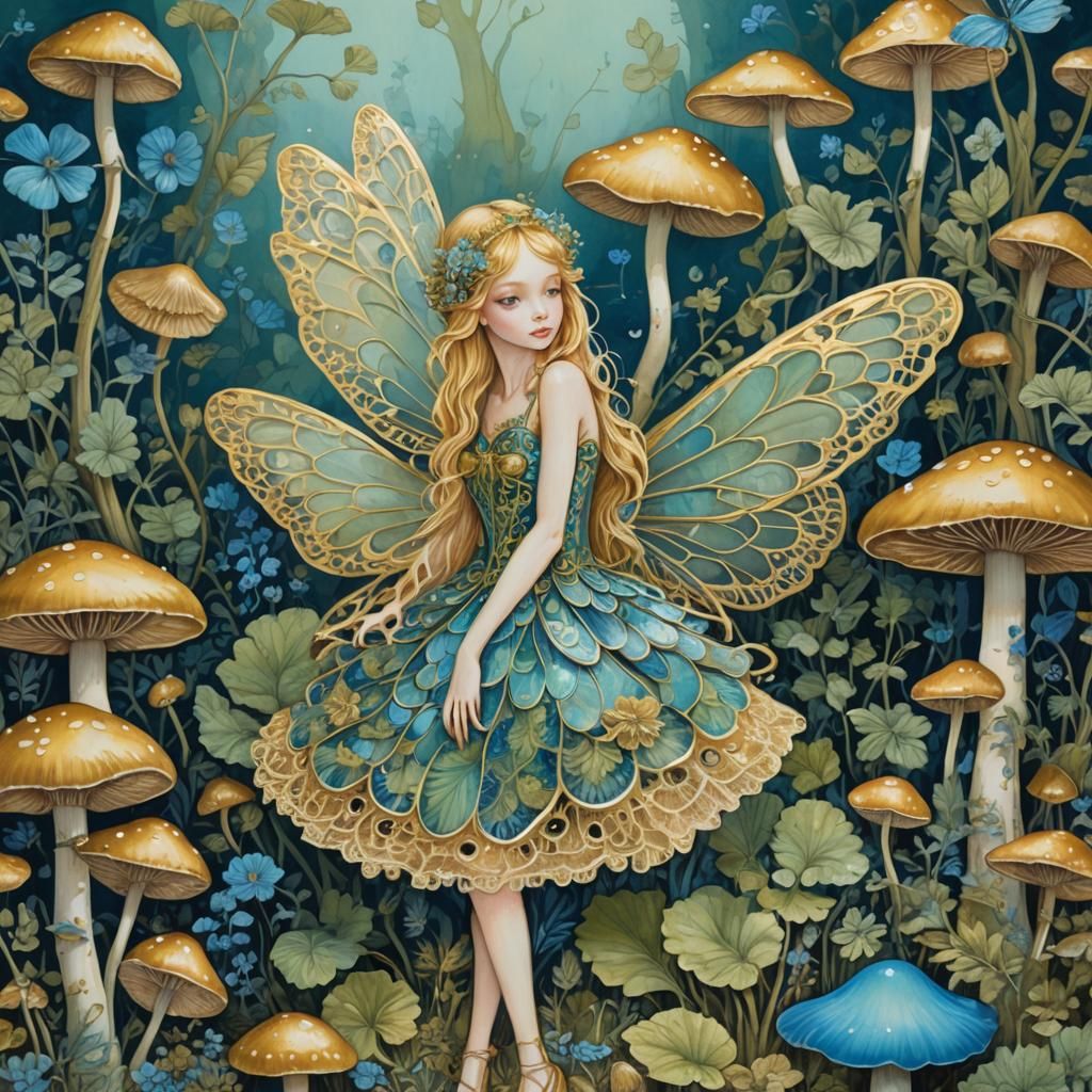 Golden Fairy on Mushroom in Gouache Style