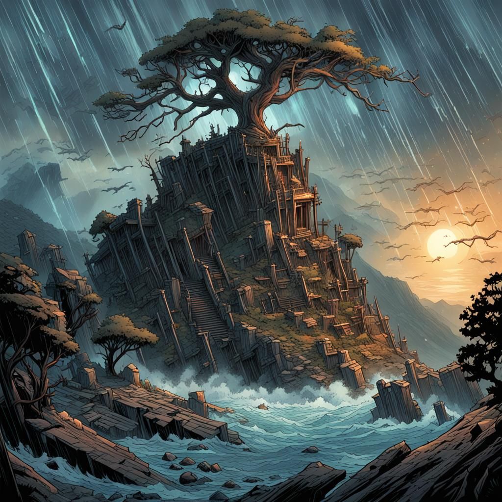 hyperrealistic a big mountain surround by ocean, dead trees, ruins of a old sanctuary on the top of the mountain, with a...