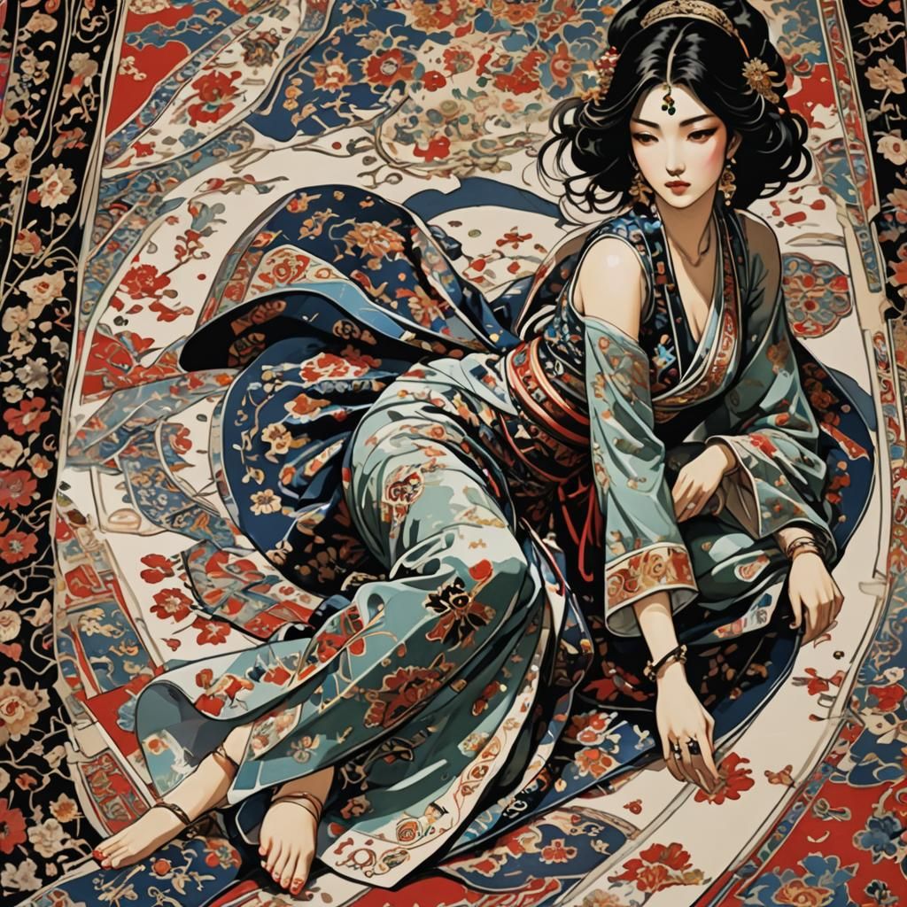 Elegant Odalisque in Flowing Regalia on Persian Carpet