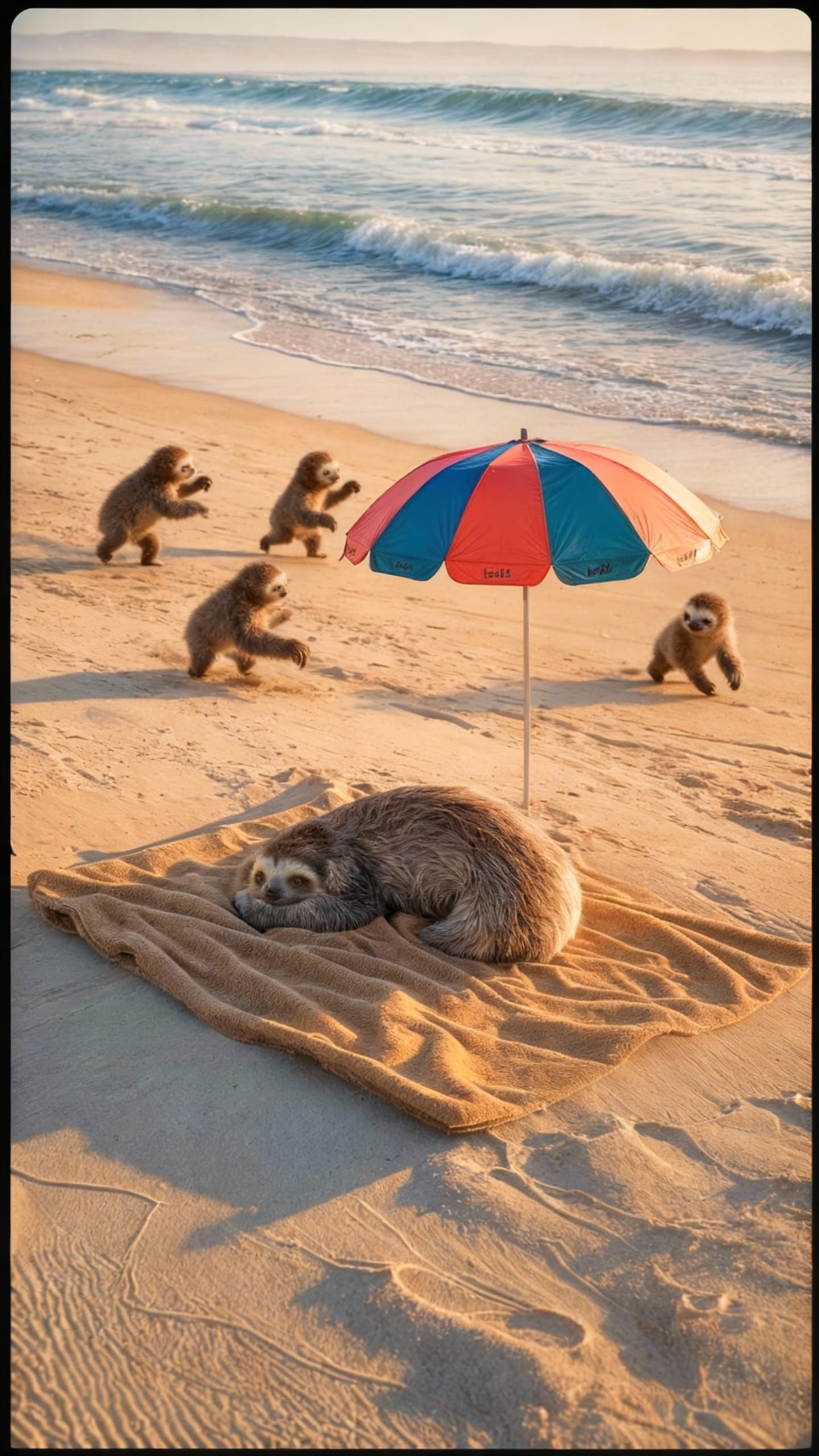 Sleepy Sloth on Beach Towel Under Sun Umbrella