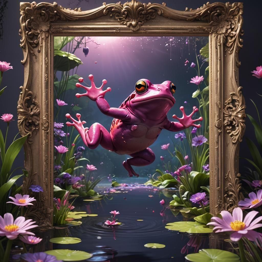 Pink Frog Escapes Painting in Art Gallery