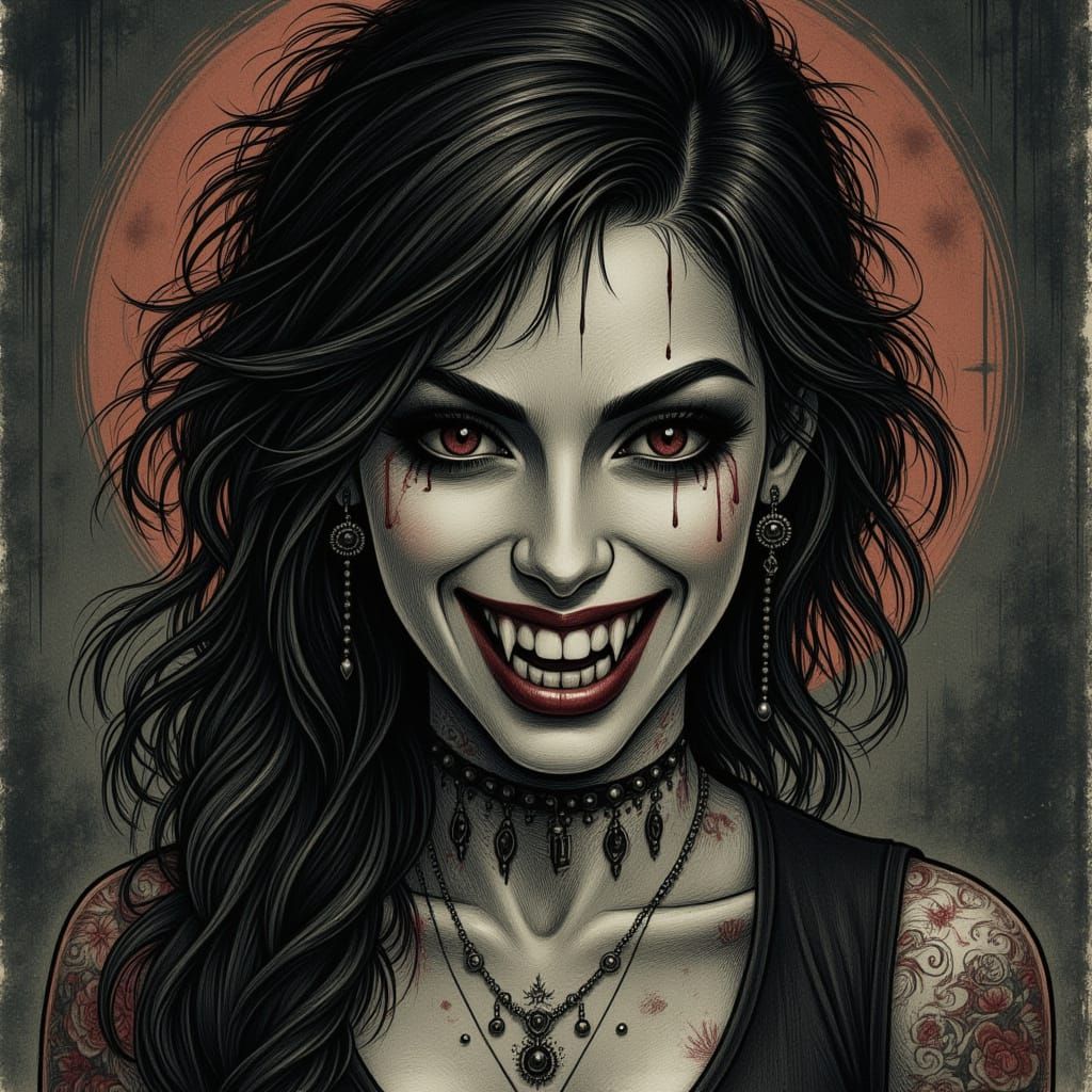 gothic punk female vampire smiling with fangs  <lora:GothipunkVampsFLUX:1.0> <lora:SybilThorn-FluxLORA7:1.0>