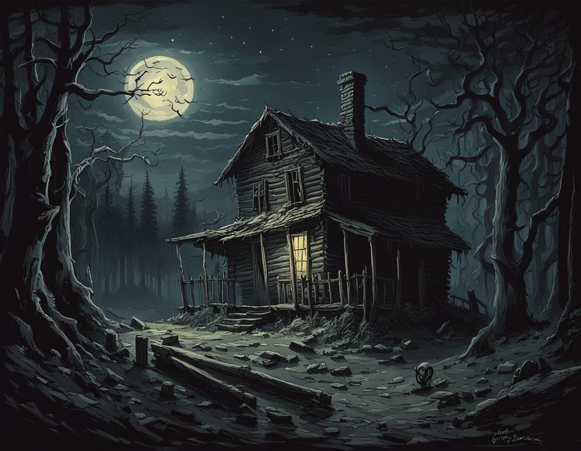 Creepy Old Cabin in Woods at Night