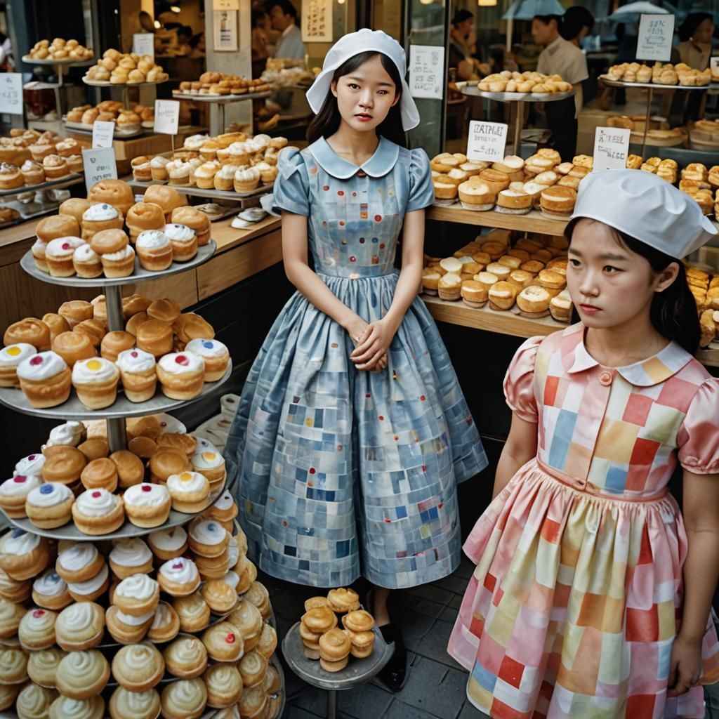 South Korean Sisters in cute Paul Klee sleek a line dresses ...
