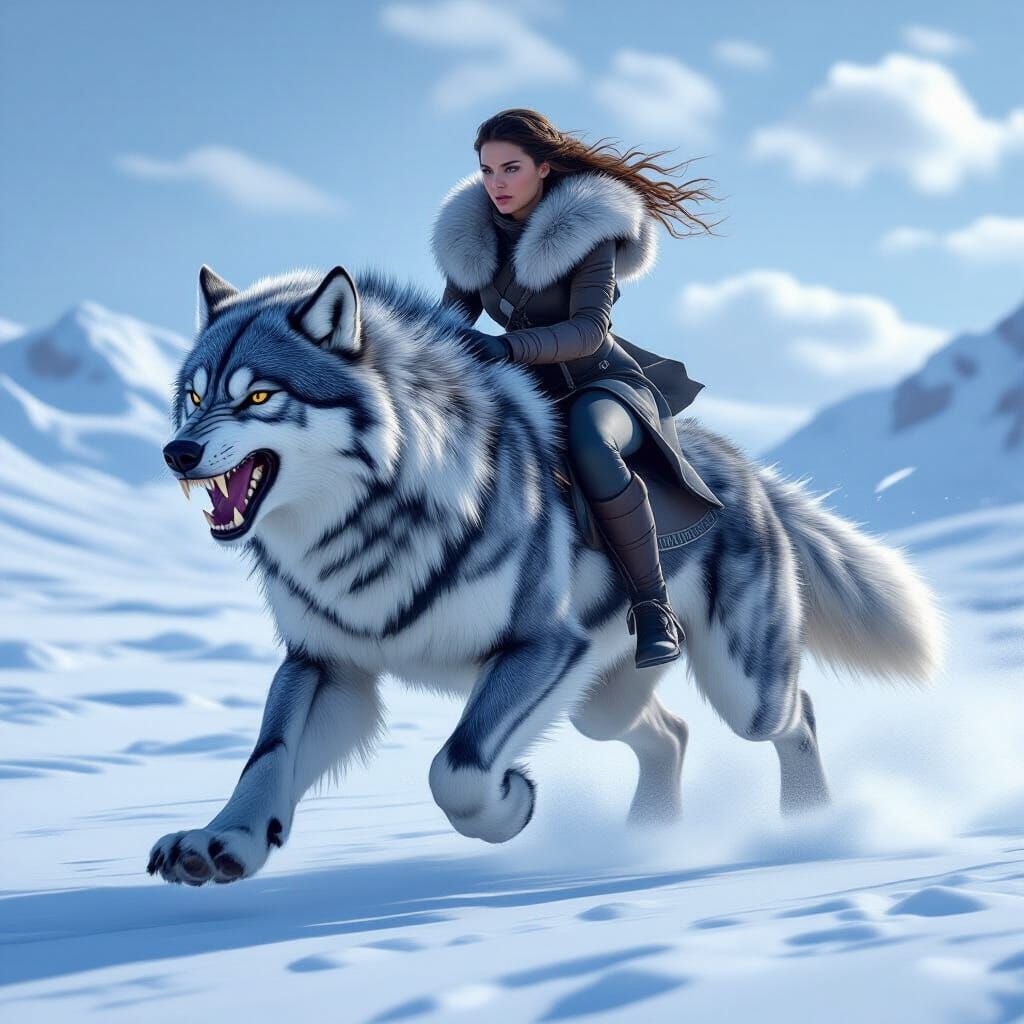 Direwolf Rider Gallops Across Snowy Tundra