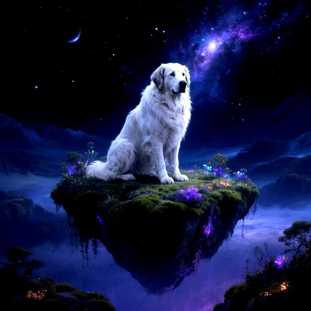 Pyrenean Mountain Dog on Floating Island Under Starry Sky