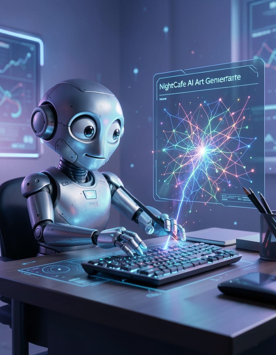 Whimsical Robot Explores AI Art Generator Interface