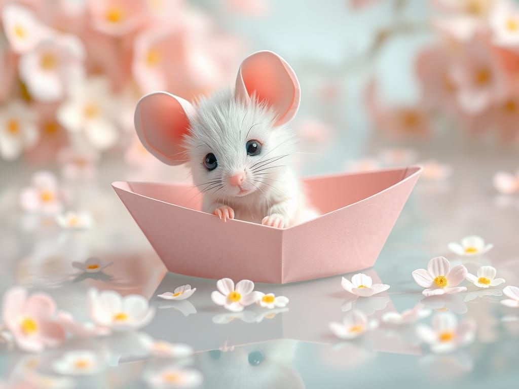 Cute Mouse in Origami Boat on Pastel Water