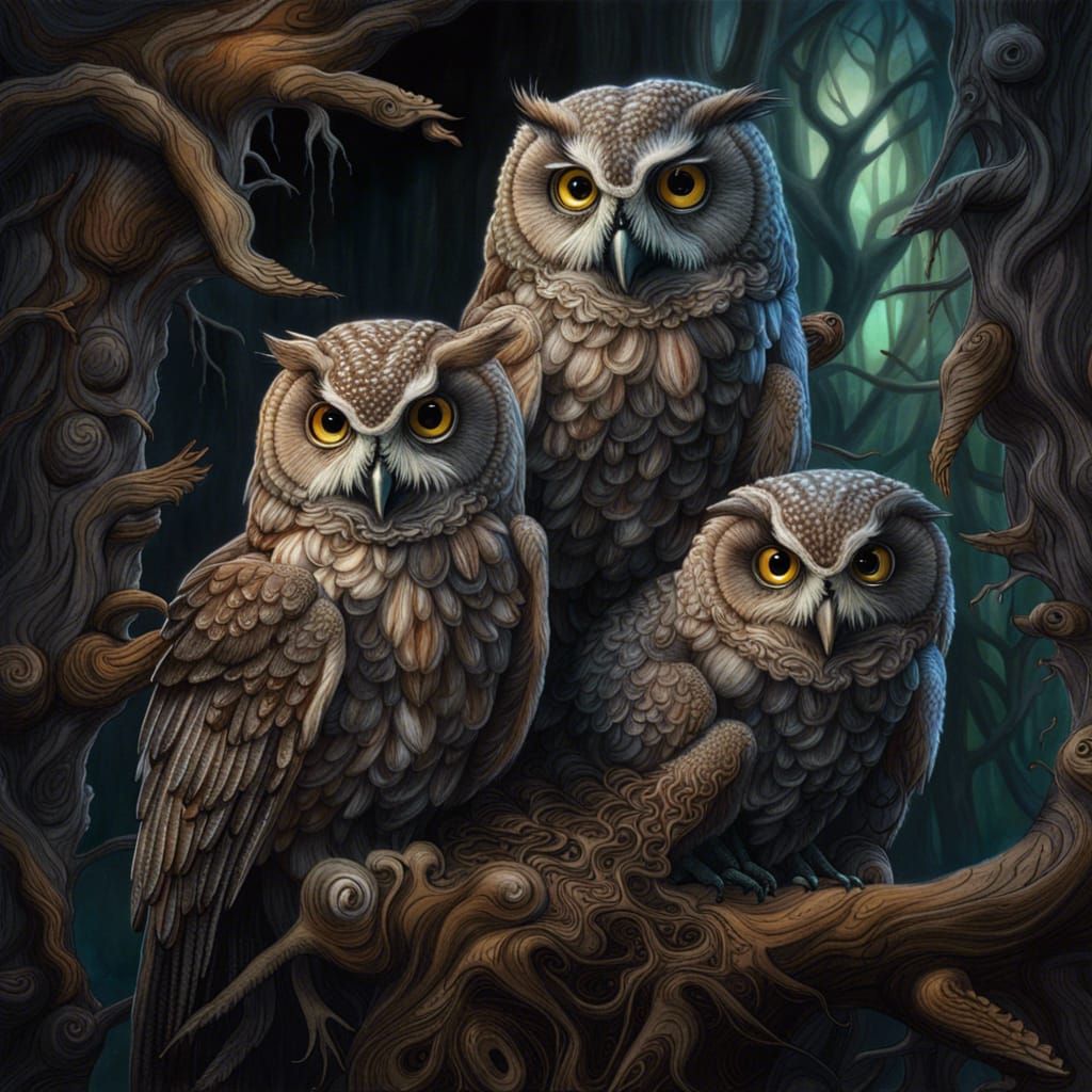 Horrific Owls in Haunted Forest: Photorealistic 3D Art