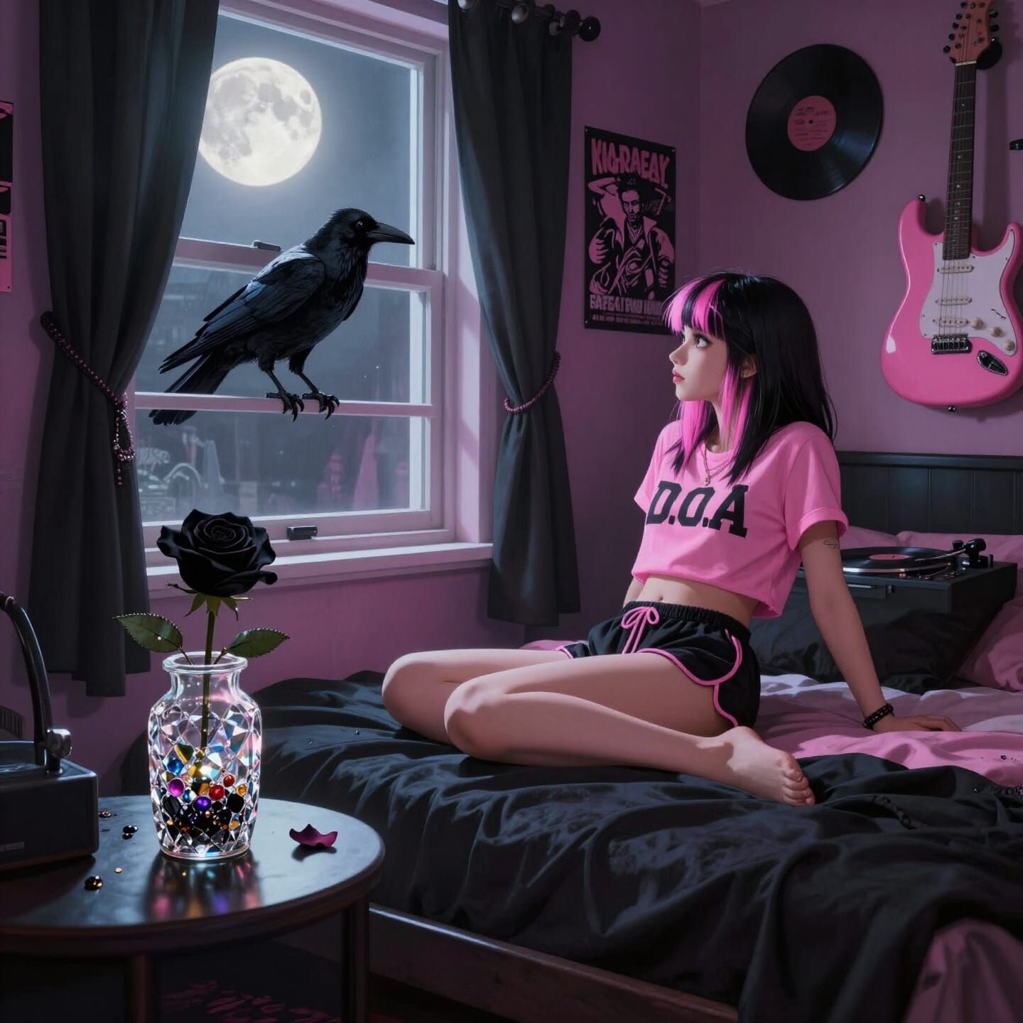 Punk Woman Watches Crow on Moonlit Windowsill