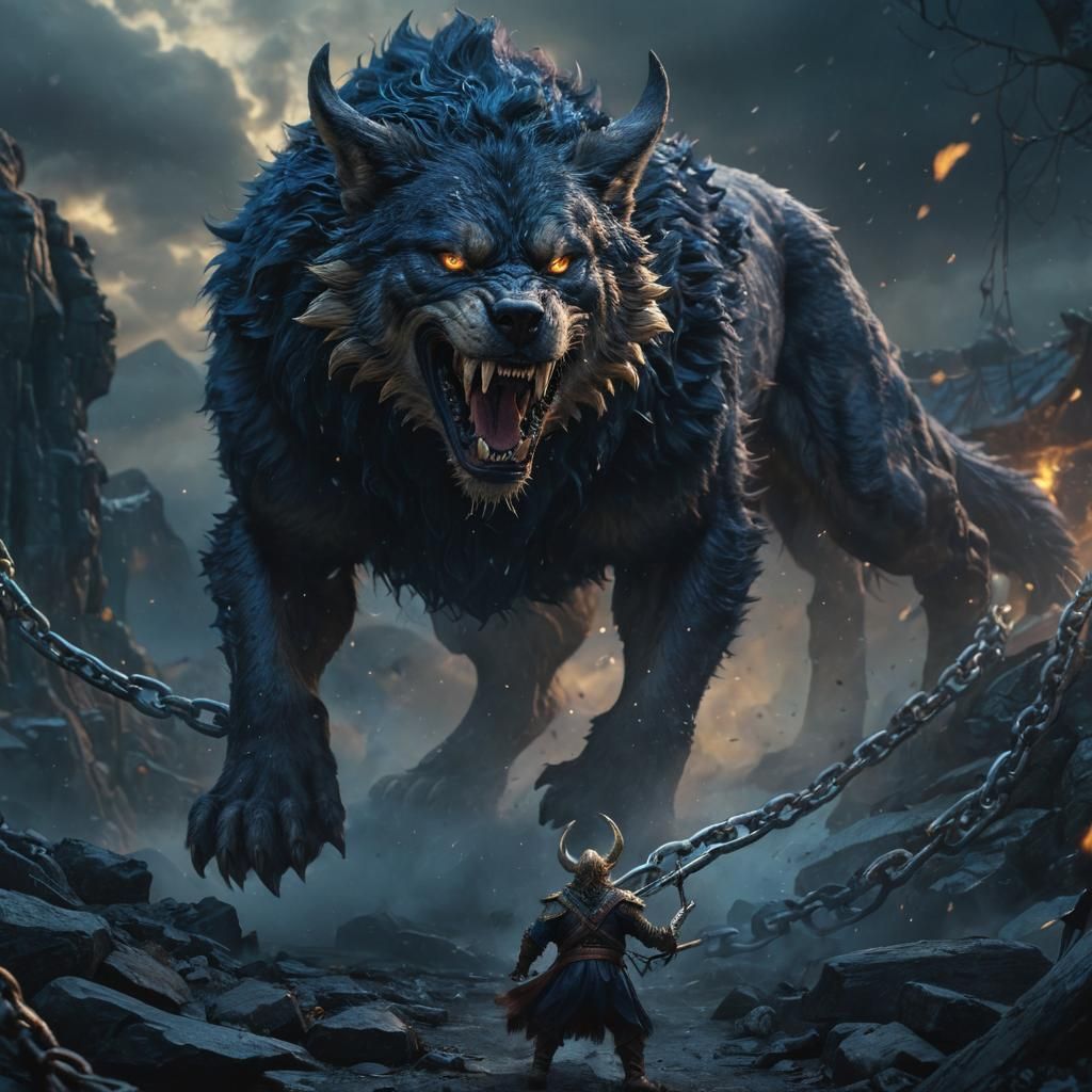 Gigantic Norse Fenrir Breaks Free: Epic Fantasy Art
