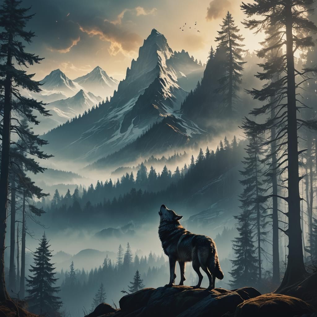 Wolf Silhouette Howling in Misty Mountain Forest