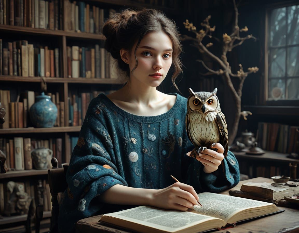 Surrealist Masterpiece: A Whimsical Witch in a Dreamlike Lib...