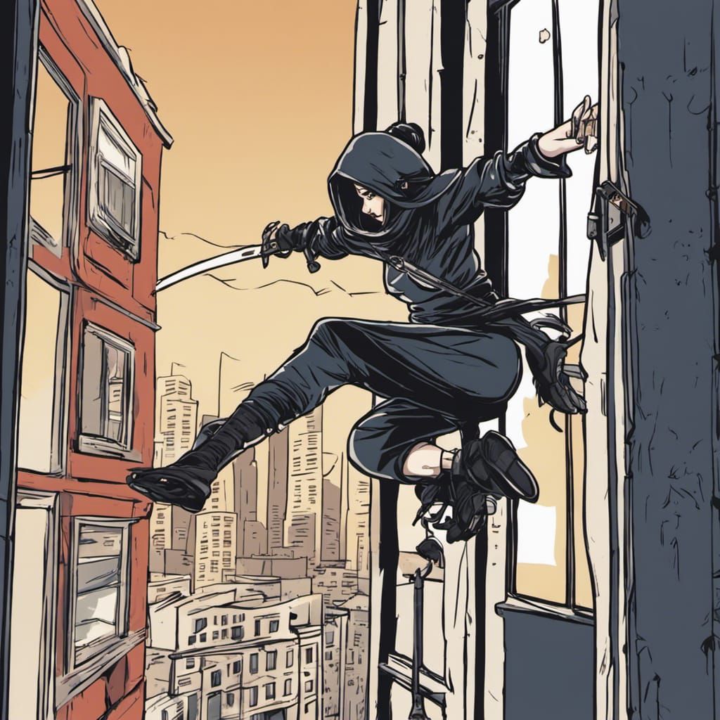 Ninja Girl Leaping from Window in Comic Art Style