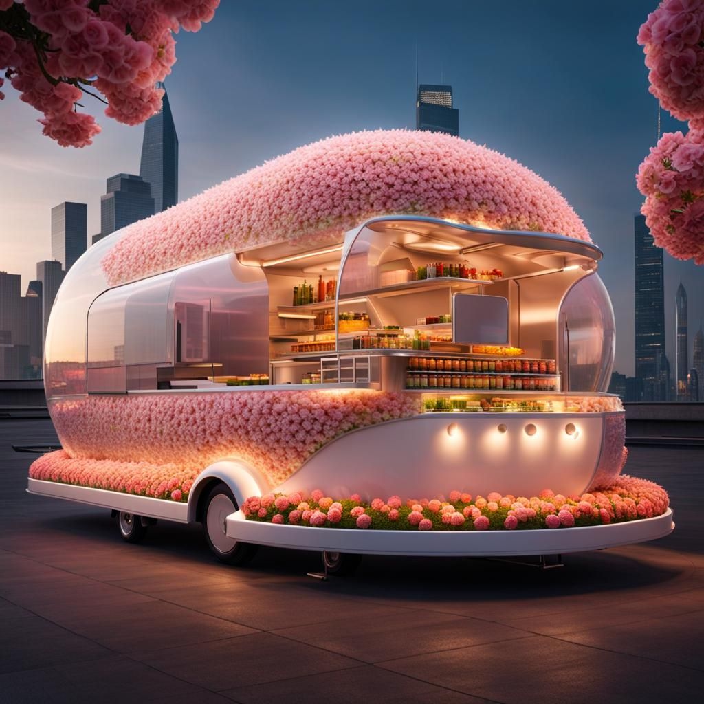 Futuristic Floral Food Truck in a Cityscape