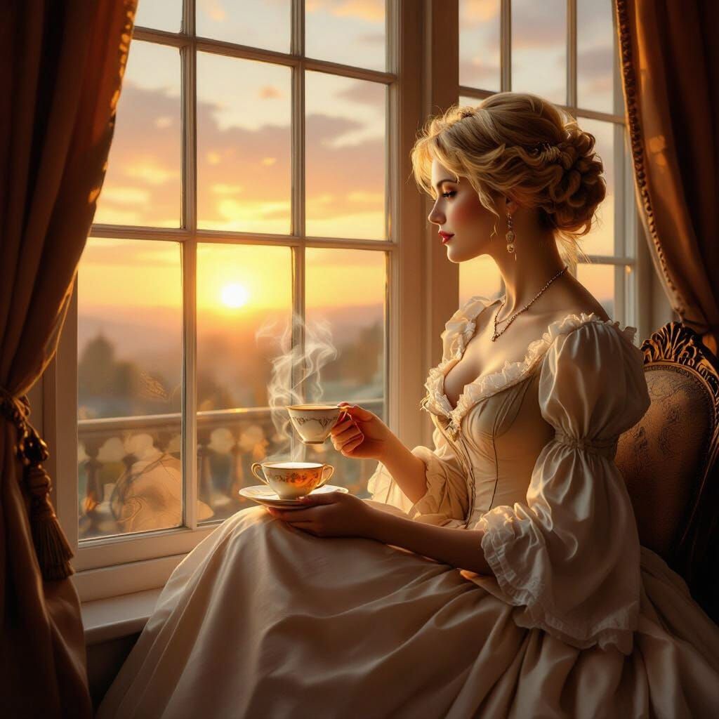 Victorian Woman Sips Tea Admiring Sunrise by Grand Window