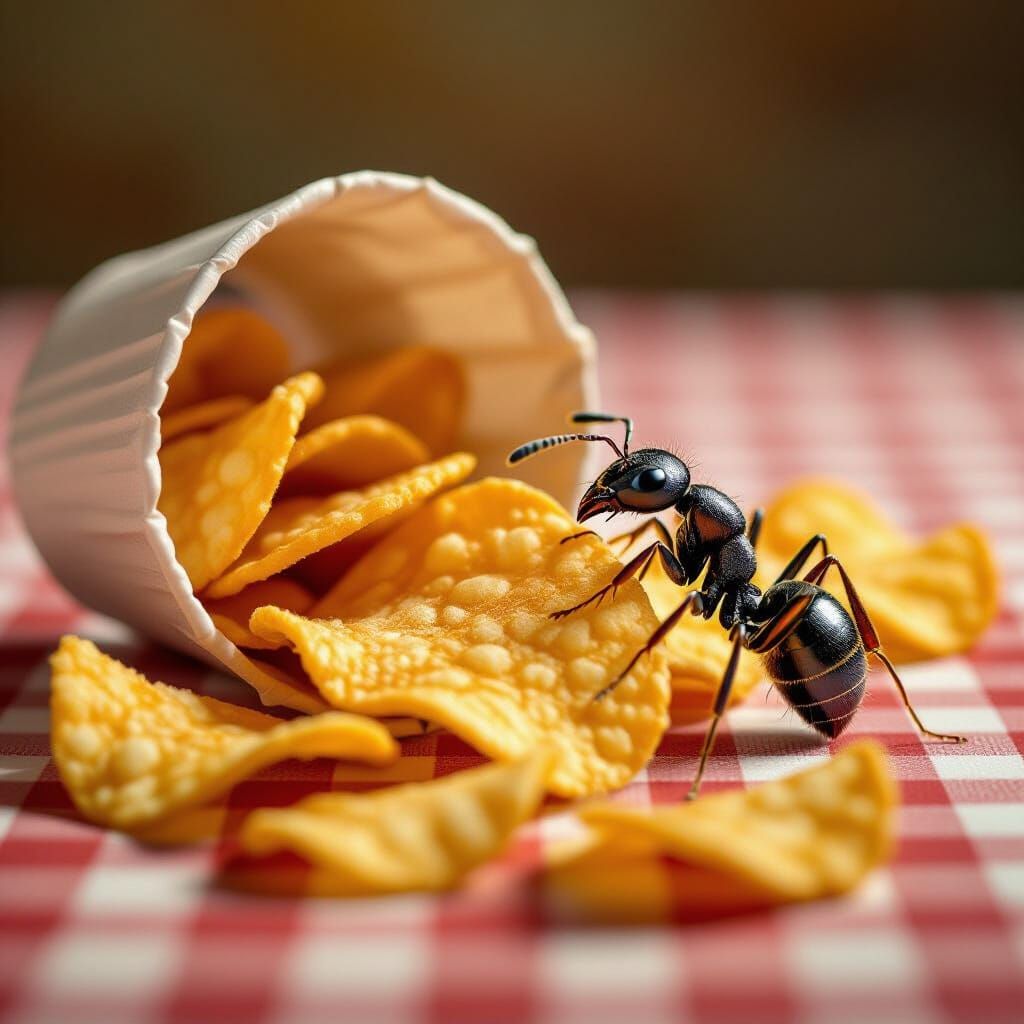 Macro Photo of Ant Lifting Giant Potato Chip