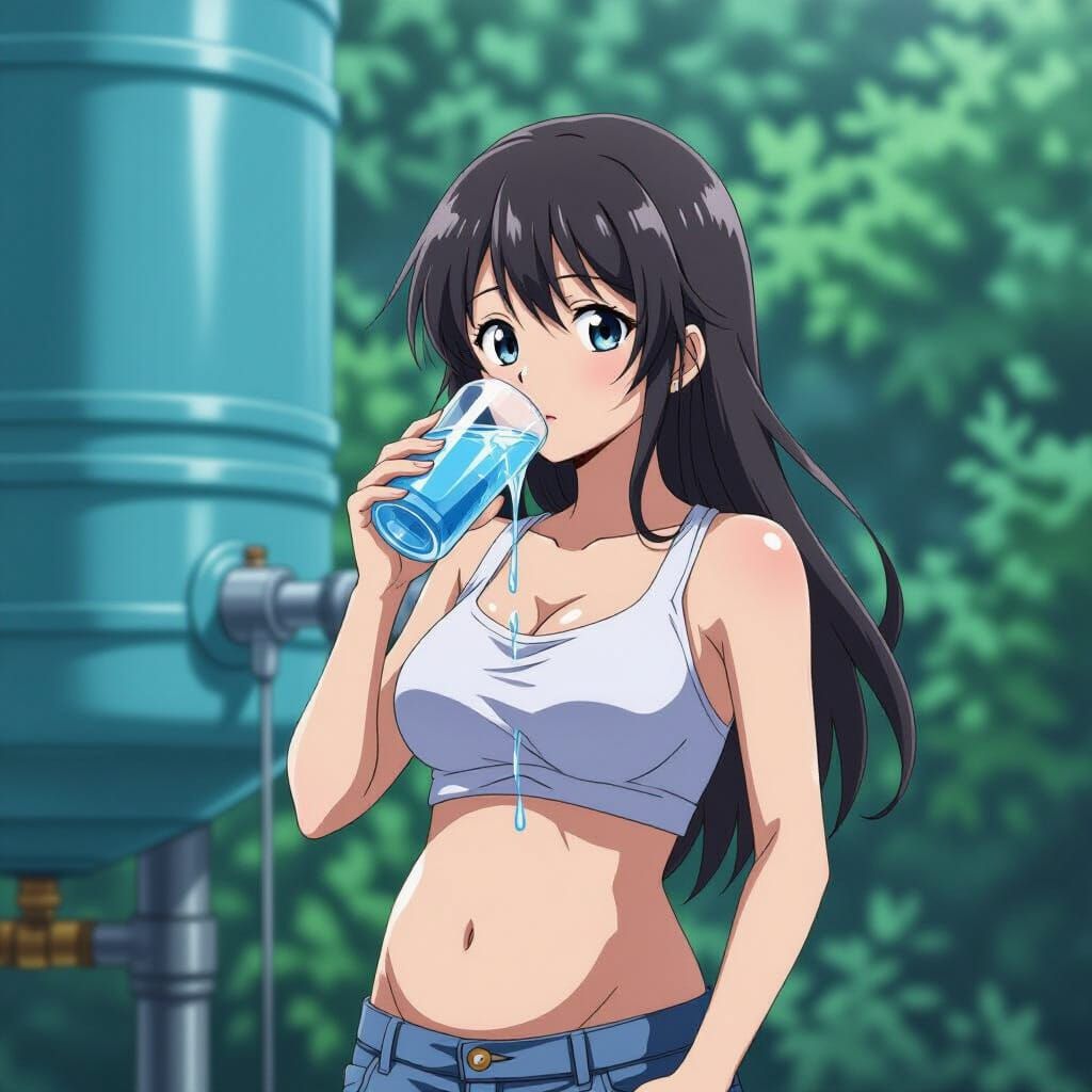 Anime Woman Drinking Water, Expanding Belly in Cel-Shaded St...