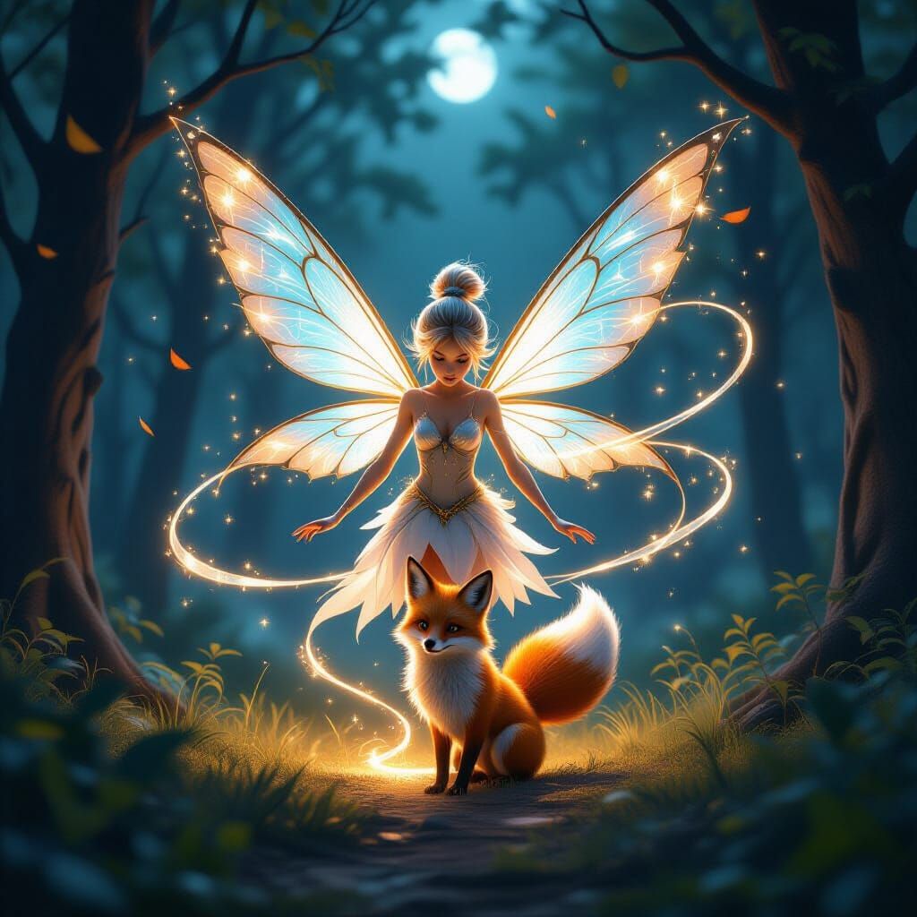 Fairy Protects Luminous Fox in Magical Moonlit Clearing