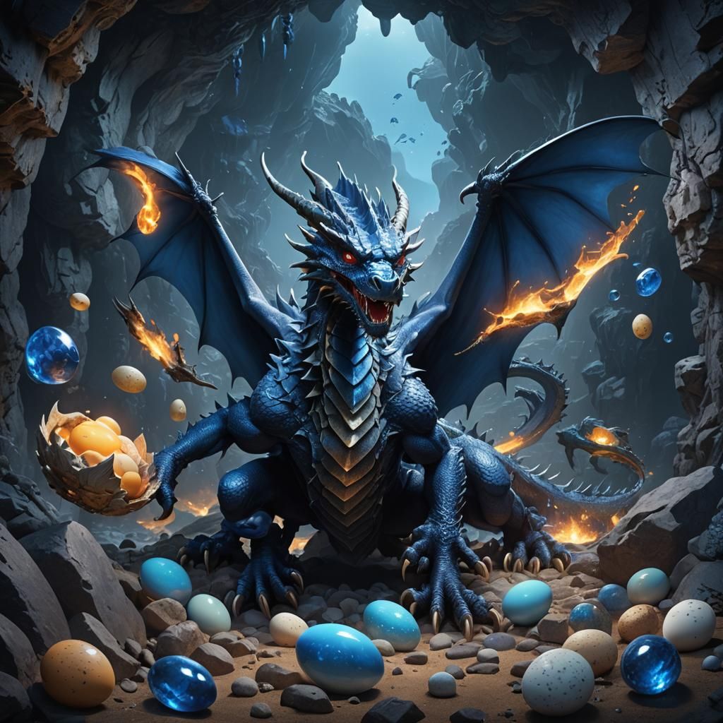 Blue Dragon Guarding Eggs in Sapphire Cave