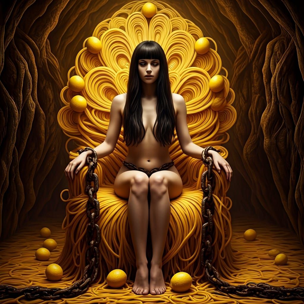 Woman on Noodle Throne in Surreal Photorealism