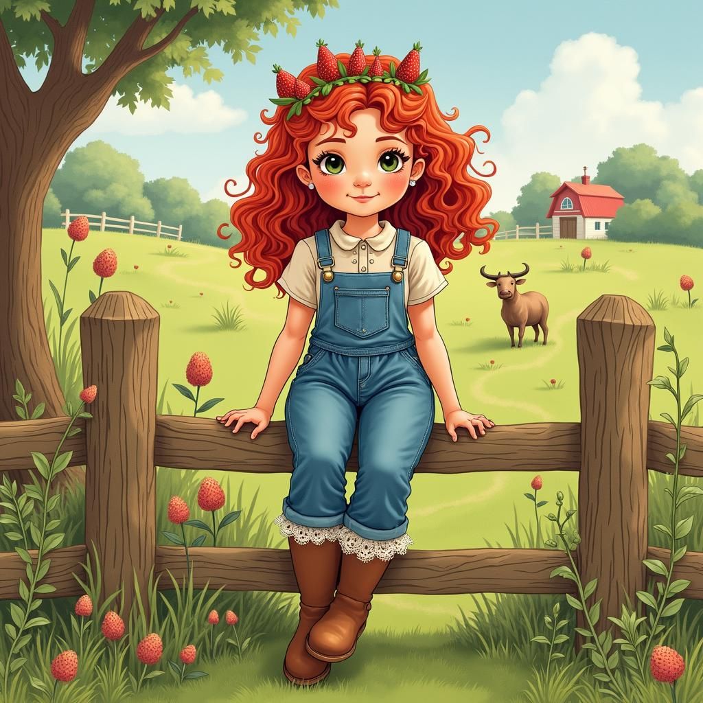 Strawberry Girl on Fence, Whimsical Illustration