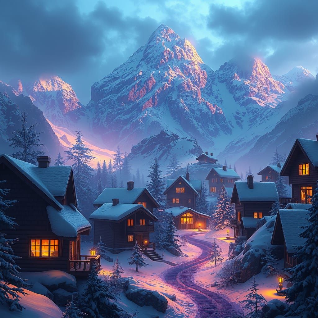 Surreal Dark Fantasy Mountainscape with Beautiful Houses