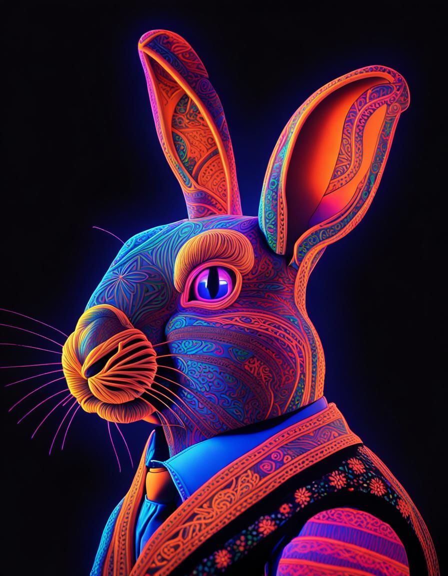 A black light portrait of an intricate folk art rabbit in waistcoat. Ultraviolet light, Neon glow, UV light.
