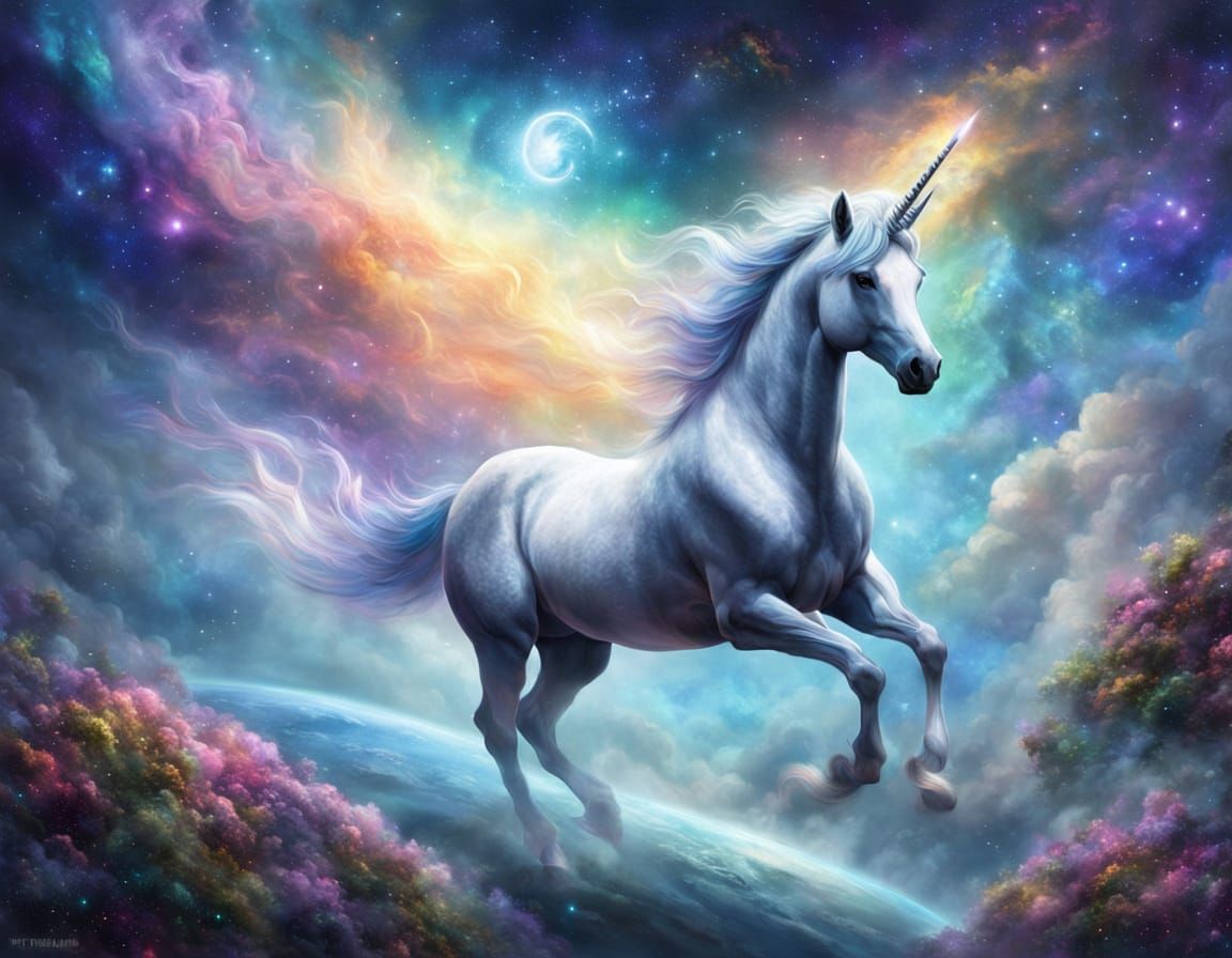 Magical Unicorn Soars Beyond Earth in Cosmic Fantasy Style