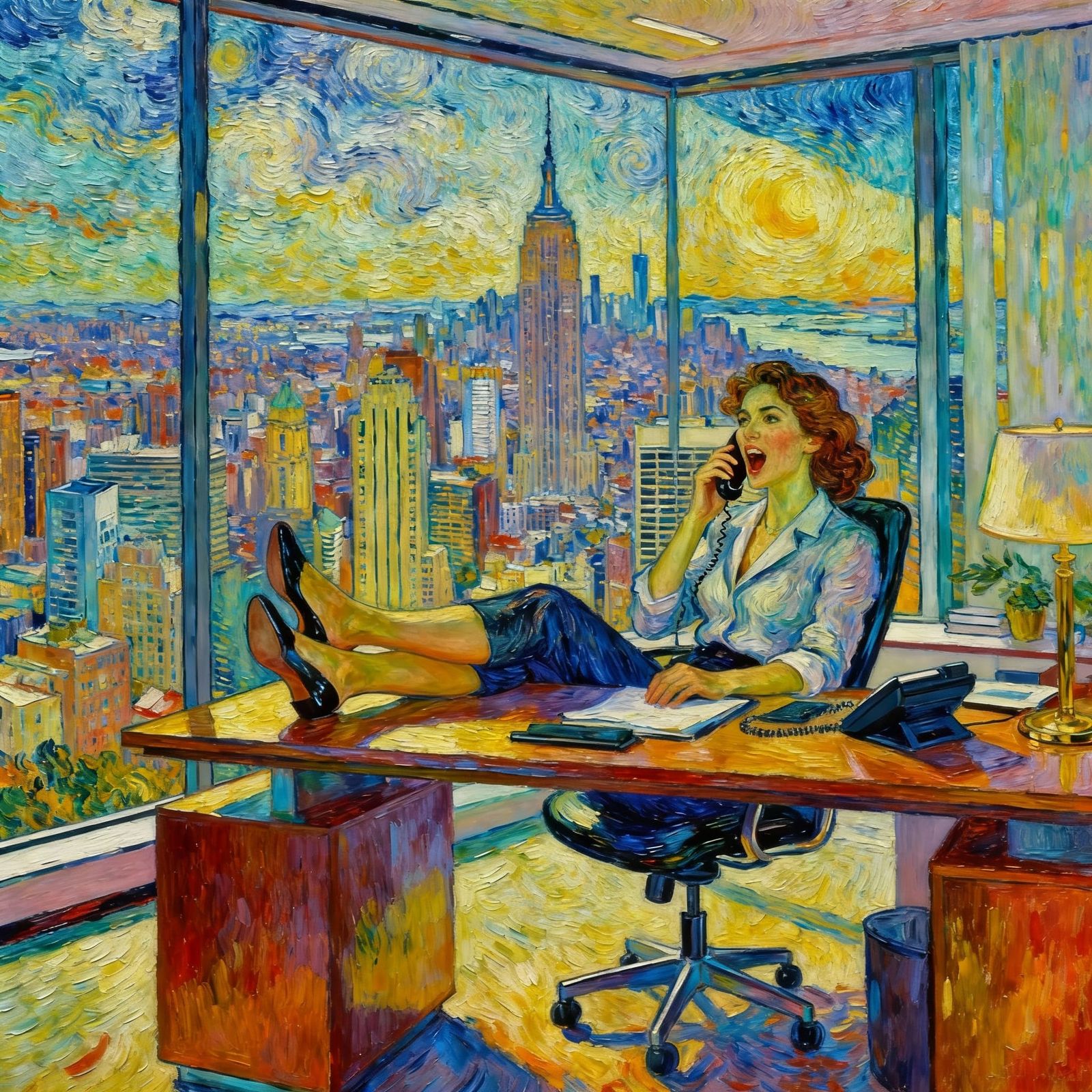 Optimistic Businesswoman in Opulent Office, Van Gogh Style
