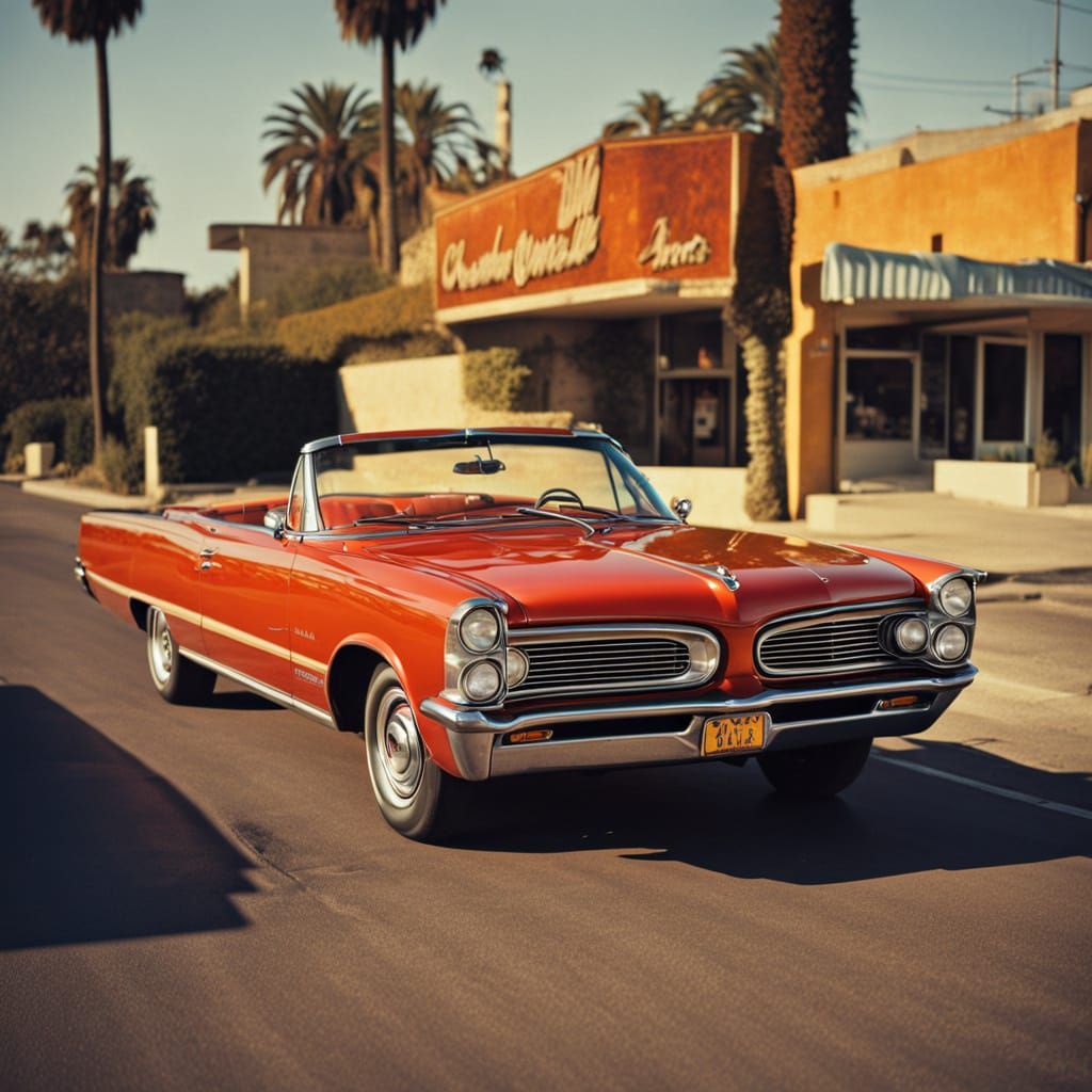 Man Drives Red 1965 Pontiac GTO Convertible at Sunset