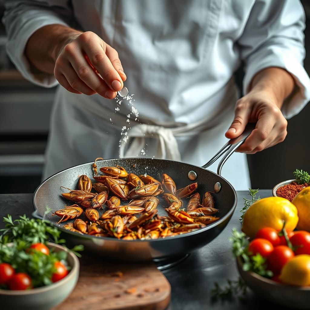 Chef Sautéing Crickets in Modern Kitchen, Dutch Masters Styl...