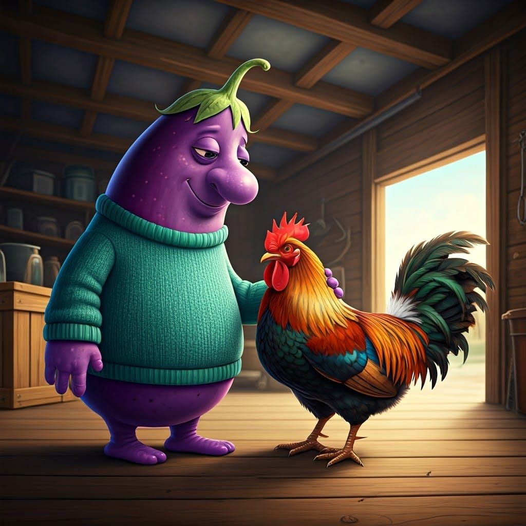 Eggplant Monster and Rooster in Garage
