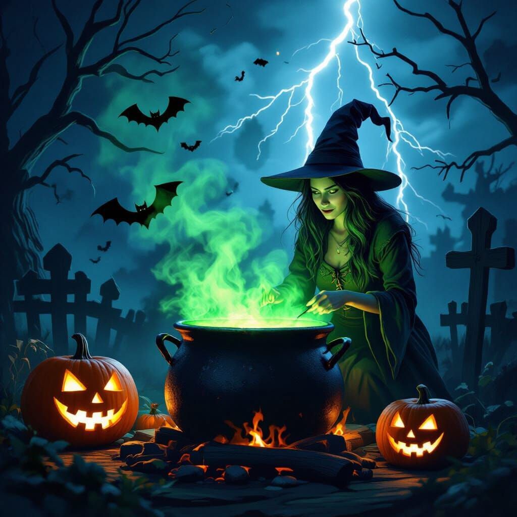 Witch Cooking in Cauldron with Bats and Jack-o-Lantern