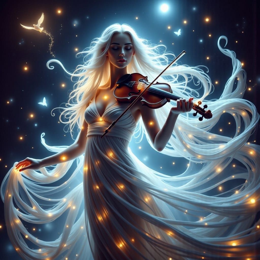 Serene Priestess Enveloped in Ethereal Light and Music