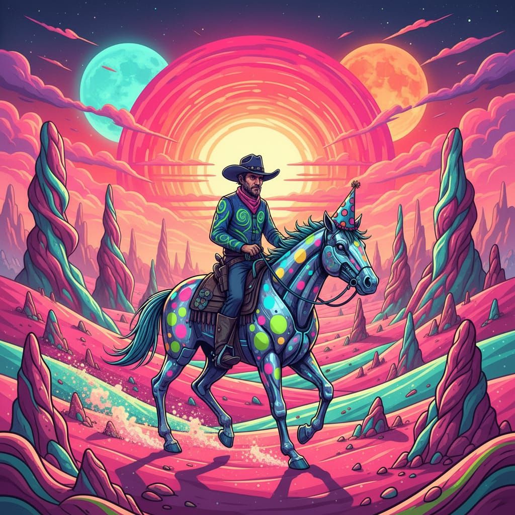 Cyberpunk Cowboy Rides Robot Horse to Alien Sunset
