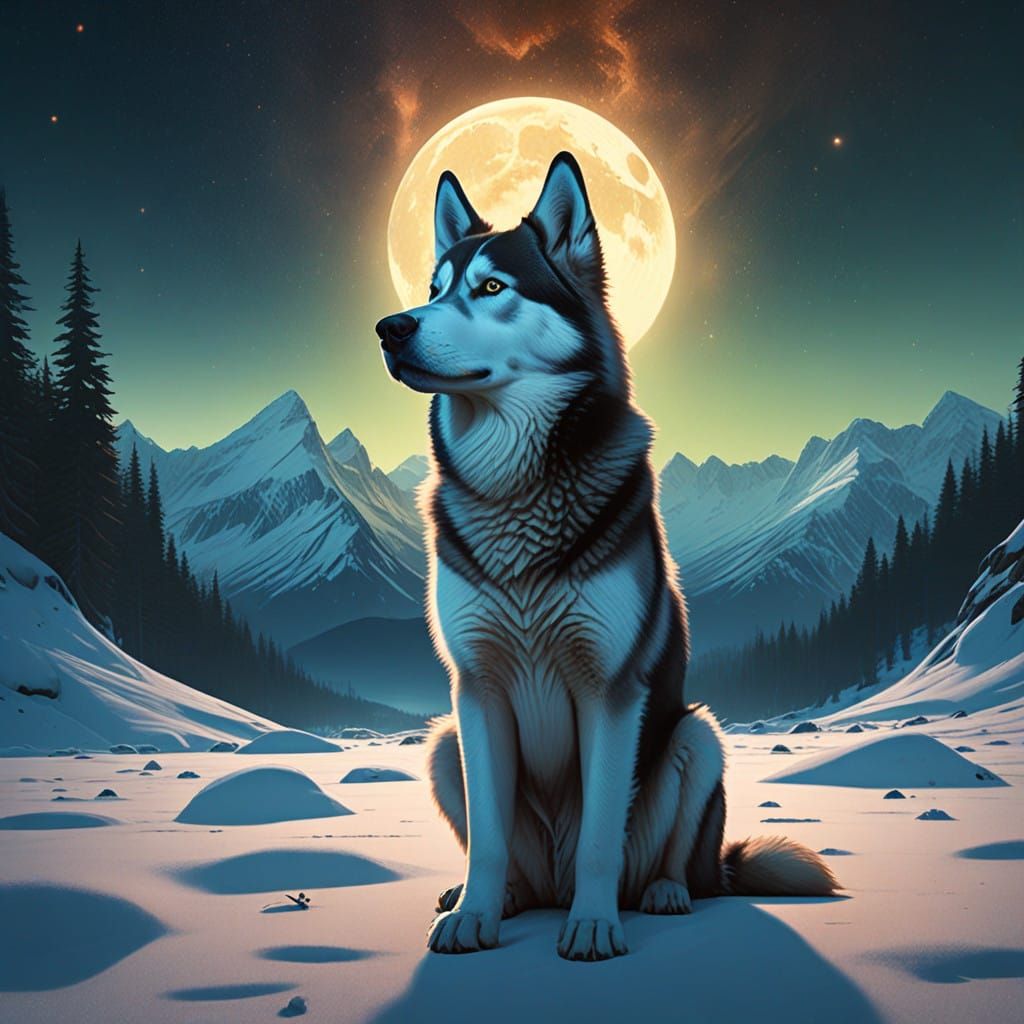Majestic Husky in Cosmic Snowscape