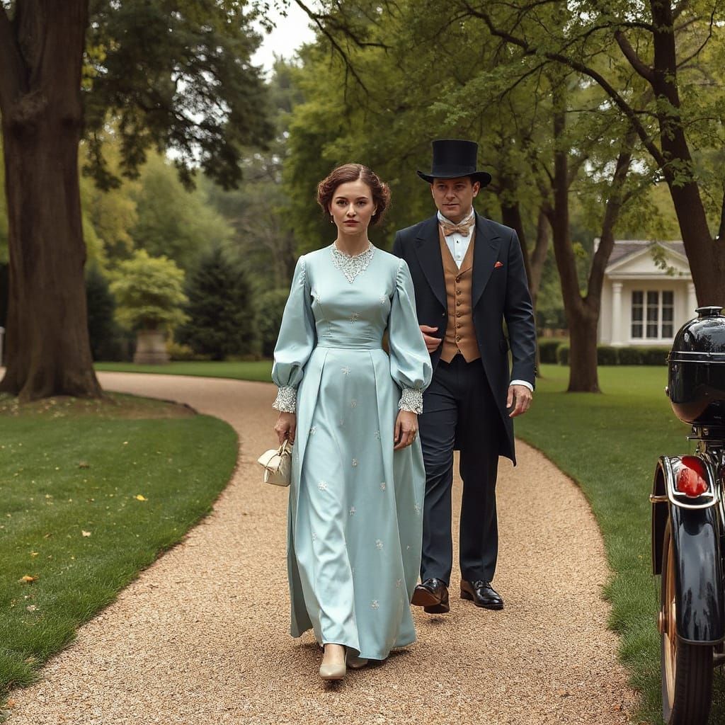 Victorian Couple Strolling in Park, Hyperrealistic Style