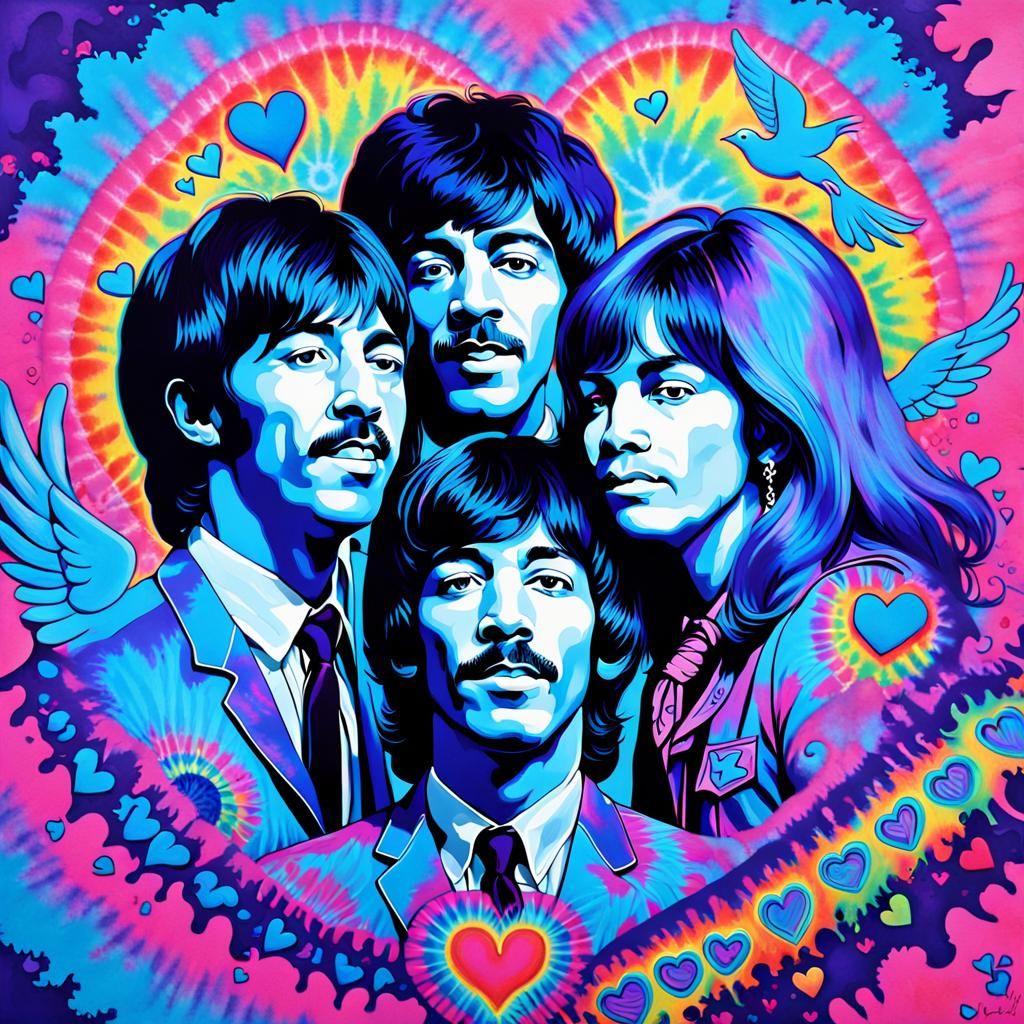 A psychedelic oil painting inspired by 1960s music icons The...